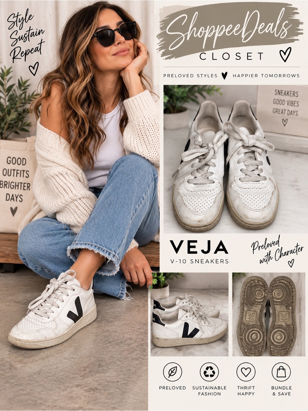 VEJA V-10 White Leather Black Logo Sneakers Women’s Size 6